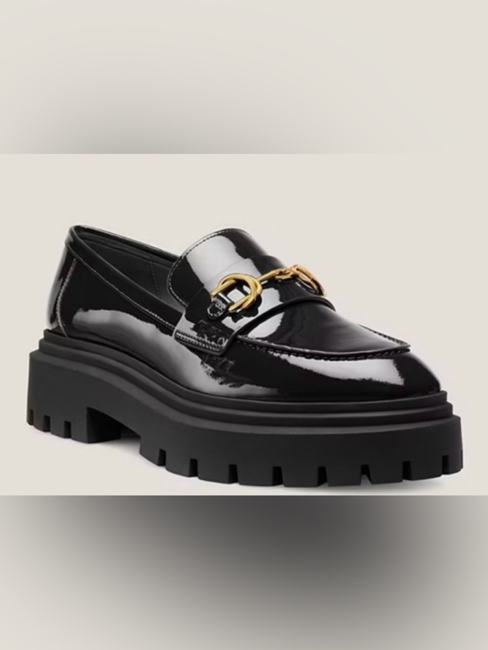 Stuart Weitzman Black Patent Lug Sole Loafers with Gold Horsebit Trim (size 8)